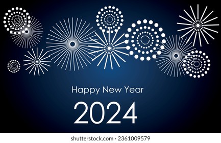 Ilustración vectorial con fuegos artificiales y globos en un fondo oscuro, texto "Feliz Año Nuevo 2024". Diseño plano. Celebración de vacaciones, tarjeta de saludo, afiche, pancarta, volante
