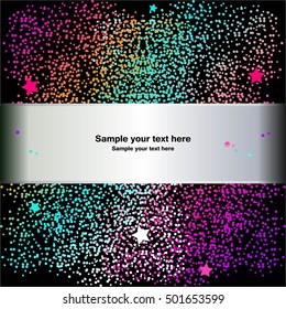 Vector illustration of Fireworks. A bright flash and stars on a black background. Silver ribbon with text.