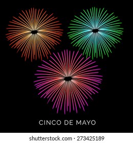 Vector illustration of fireworks for Cinco De Mayo on shiny background.