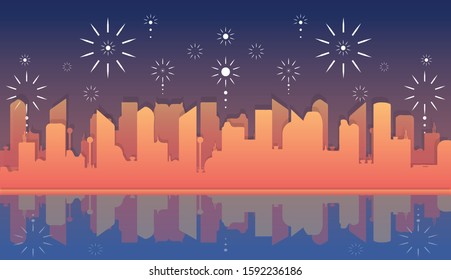 A vector illustration of fireworks and cityscape silhouette with Gradient background. View nigh city. EPS 10