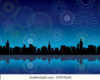 Ilustración vectorial de fuegos artificiales y paisaje urbano. Puede conectar lateralmente esta ilustración para crear un patrón transparente.