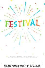  Vector illustration with fireworks, confetti and bright inscription Festival on white background. For greeting card, party invitation, post in social media, mailing, banner, poster.
