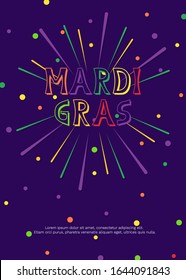  Vector illustration with fireworks, confetti and bright inscription Mardi Gras on dark background. For greeting card, party invitation, post in social media or mailing, banner, poster.
