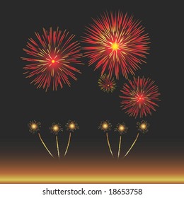 Vector Illustration of Fireworks with copy space. Large format permits a variety of cropping choices. Suitable for New Years Eve, Bonfire Night, Independence Day and general celebrations.