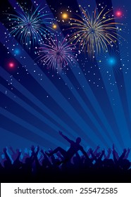 Vector illustration of fireworks and crowd silhouettes. Objects are layered, only linear gradient used. Each silhouette is separate and easy to edit.