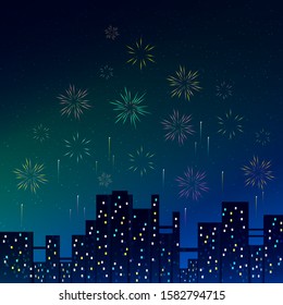vector illustration of fireworks in the dark night sky over the city, modern cityscape, night lights