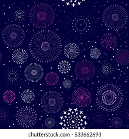Vector illustration of fireworks display seamless background.
