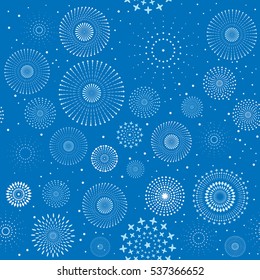 Vector illustration of fireworks display seamless background.