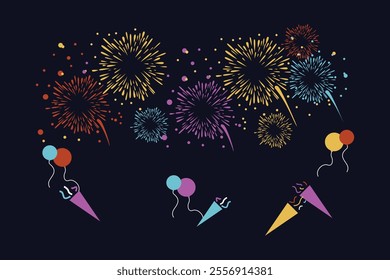 vector illustration of fireworks, flat icon balloons and new year trumpets