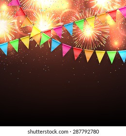 Vector illustration with fireworks and with a garland from flags and confetti. Beautiful vector background of festive night fireworks with flag garland and confetti.