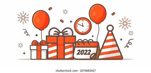 Vector illustration of fireworks and gift Happy new year 2022 theme