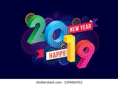 Vector illustration of  fireworks. Happy new year 2019 theme