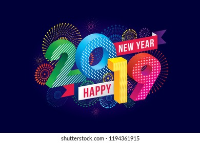 Vector illustration of  fireworks. Happy new year 2019 theme