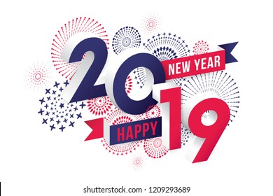 Vector illustration of  fireworks. Happy new year 2019 theme