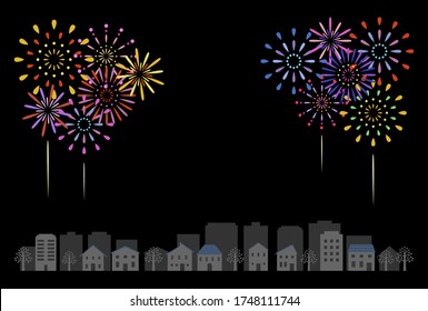 Vector illustration of fireworks and night town