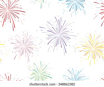 Vector illustration of fireworks on white background. Seamless pattern.