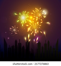 Vector illustration of fireworks over the city.