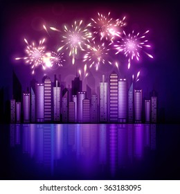 Vector illustration of fireworks over the city.