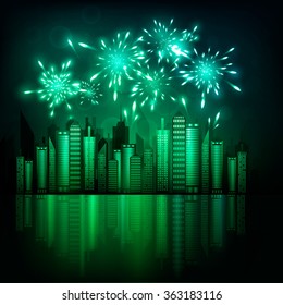 Vector illustration of fireworks over the city.