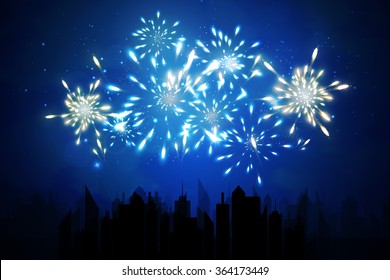 Vector illustration of fireworks over the city.