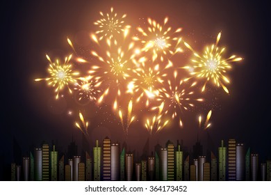 Vector illustration of fireworks over the city.