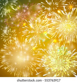 Vector Illustration of Fireworks. Realistic abstract festive background with yellow and red bursts, explosion and sparkle over night sky. For holiday season celebration and party backdrop.
