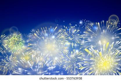 Vector Illustration of Fireworks. Realistic abstract festive background with yellow and red bursts, explosion and sparkle over night sky. For holiday season celebration and party backdrop.