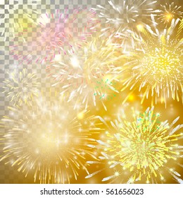 Vector Illustration of Fireworks. Realistic abstract festive background with yellow and red bursts, explosion and sparkle over transparent background. For holiday season celebration, party backdrop.