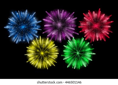 Vector Illustration of Fireworks. Realistic colored firecrackers on a black background. Sport concept banner. 2016 Brazil.