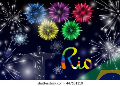 Vector Illustration of Fireworks. Realistic colored firecrackers on a black background. Lettering Rio. Sport concept banner. 2016 Brazil.