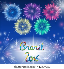 Vector Illustration of Fireworks. Realistic colored firecrackers on a black background. Lettering Brazil 2016. Sport concept banner. Rio de Janeiro