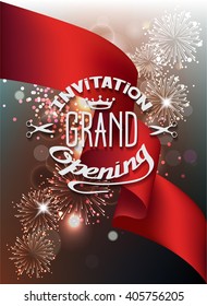 Vector illustration with  fireworks and red ribbon. Grand Opening invitation.