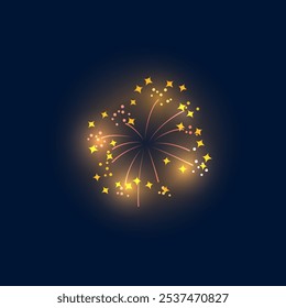 Vector illustration of fireworks of round shape with glowing particles and stars on black isolated background. Sparkling festive salute. Icon for design. Flat cartoon style.