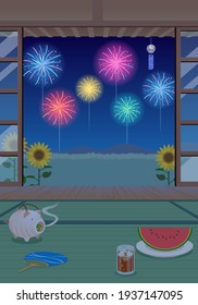 Vector illustration of fireworks seen from the veranda in summer (background)