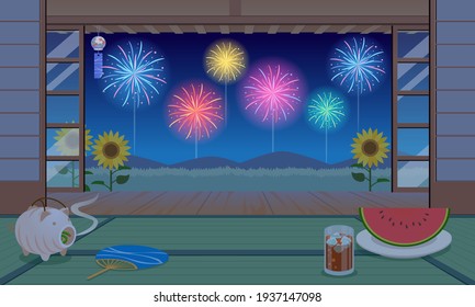 Vector illustration of fireworks seen from the veranda in summer (background)