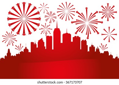 Vector illustration. Fireworks in the sky over the city.