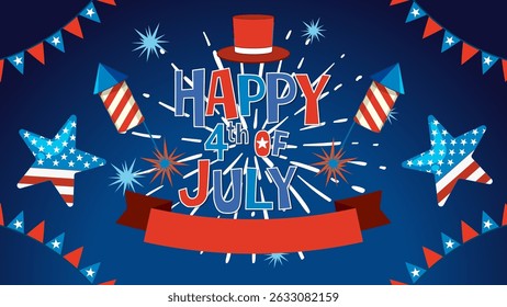 Vector illustration with fireworks, stars, and patriotic colors celebrating the 4th of July. Bold typography and festive elements