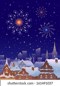 Vector illustration of  fireworks in a winter old city