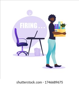 Vector illustration of firing employee.  African american man standing with offices box with things. Unemployment concept, crisis, jobless and employee job reduction. Job loss.