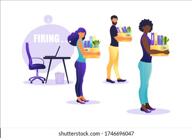 Vector illustration of firing employee.  People standing with offices box with things. Unemployment concept, crisis, jobless and employee job reduction. Job loss.