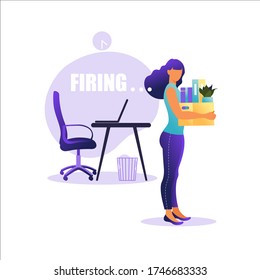 Vector illustration of firing employee.  Woman standing with offices box with things. Unemployment concept, crisis, jobless and employee job reduction. Job loss.