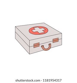 Vector illustration of first aid kit case with red cross isolated on white background. Hand drawn medicine chest - medical box for healthcare and emergency help concept.