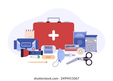 Vector illustration of a first aid kit containing medicines. The kit includes adhesive plasters, cotton wool, scissors and other emergency items. Flat cartoon illustration on isolated background.