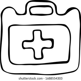 Vector illustration of first aid kits for emergency first aid. Black outline on an isolated white background in the Doodle style. For websites, textiles, paper, Wallpaper, leaflets