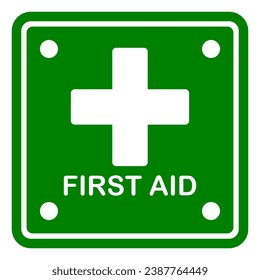Vector illustration of first aid sign. Green square and white cross symbol with FIRST AID text below on white background.