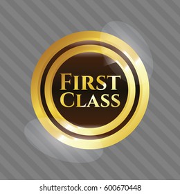 Vector illustration first class gold emblem in golden.
