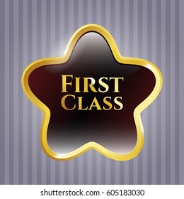 Vector Illustration of First Class gold shiny emblem in maroon color
