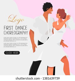 Vector illustration of a first dance choreography rehearsal of a young couple and their friends in a dancing studio. Dancing classes banner, flyer, landing page or blog post.