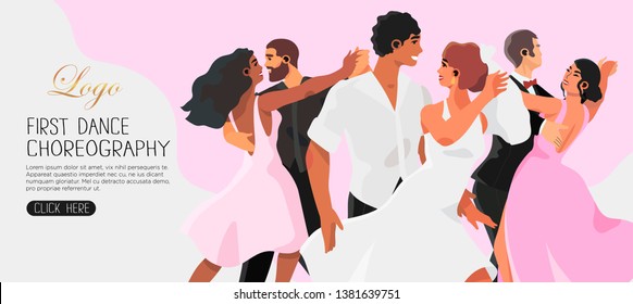 Vector illustration of a first dance choreography rehearsal of a young couple and their friends in a dancing studio. Dancing classes banner, flyer, landing page or blog post.