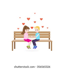 Vector illustration of first love. Two teenagers sitting at the bench and holding each other hands. 